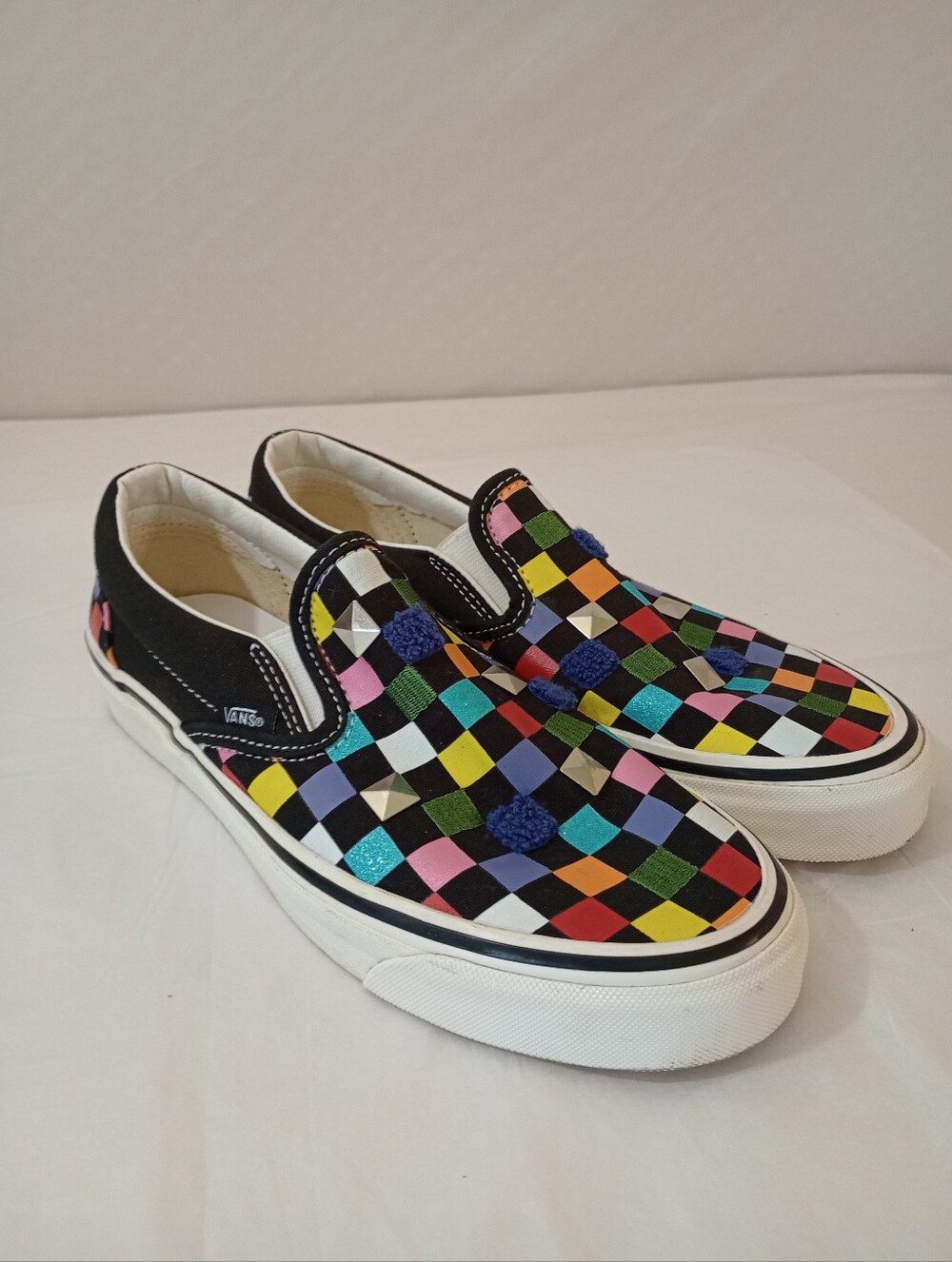 Vans Classic Slip On Mixed Media Rainbow Checkerboard Unisex Men's 7, Women's 8. - Picture 3 of 7